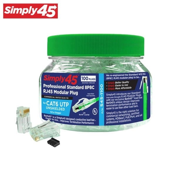 Standard Cat6/6a UTP RJ45 Modular Plugs with BarS45, Green Tint - 100pcs/Jar
